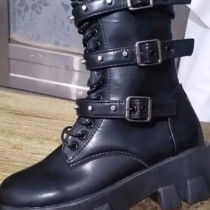 Women's black mid-calf knight boots with side zipper and metal buckle details