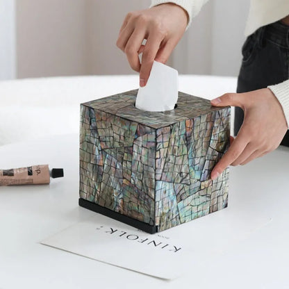 Natural shell tissue box with removable organisation compartment in modern simplicity design