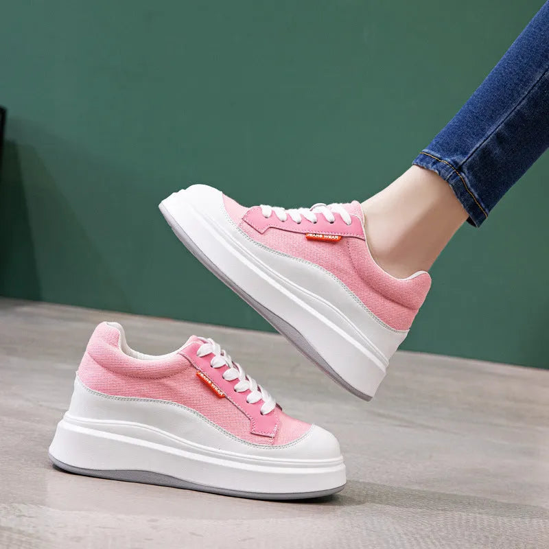 Women's beige and pink thick-soled leather board shoes with cowhide upper on a size scale