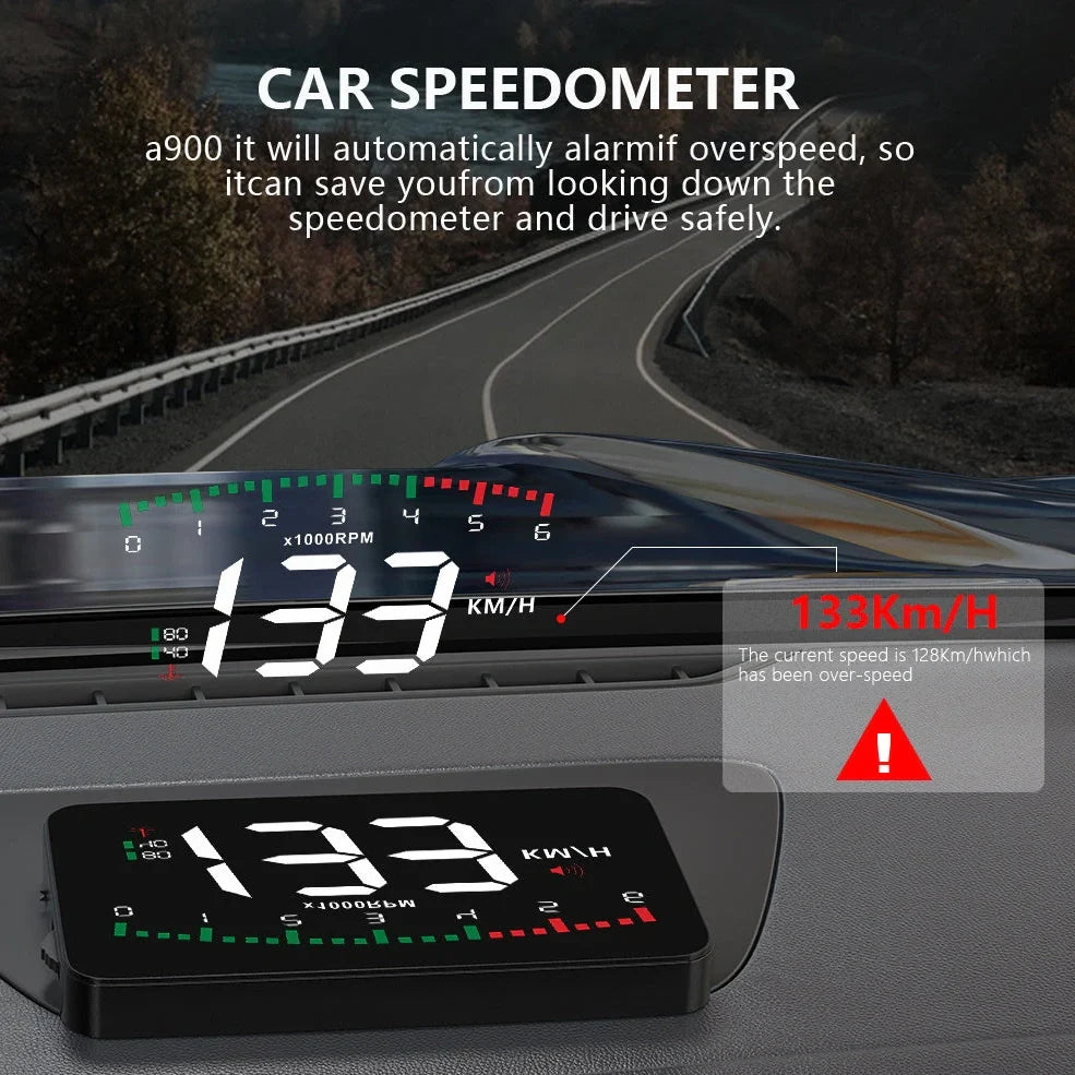 Automotive HUD display with 3.5-inch LED screen showing speed projection on vehicle windscreen
