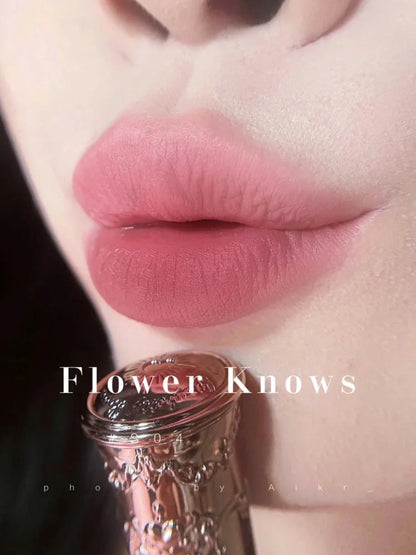 Flower Knows Strawberry Rococo Series Embossed Blush Velvet Matte Lip Glaze in retro perfume bottle design