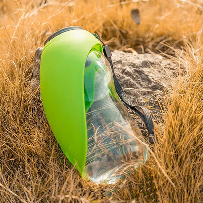 Portable pet water bottle with drinking bowl in blue, showing 680ml capacity and key lock mechanism