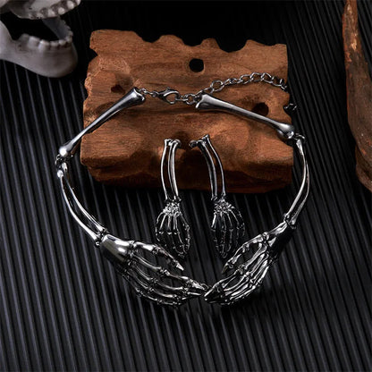 Dark style skull and ghost hand necklace and earrings set with electroplated alloy construction
