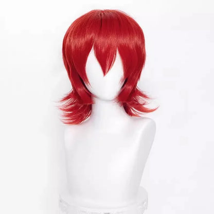 Short black anime-style cosplay wig for men with a lengthened hair tail, made from synthetic fibre.