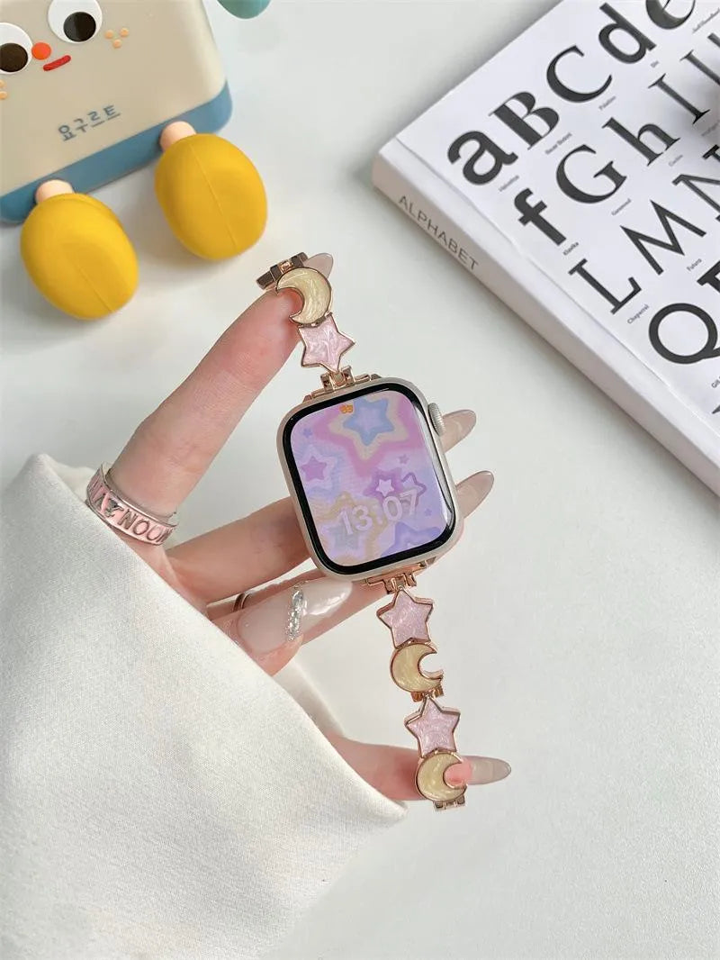 Metal chain Apple Watch strap with snap button, shown in star and moon colour options and two size ranges
