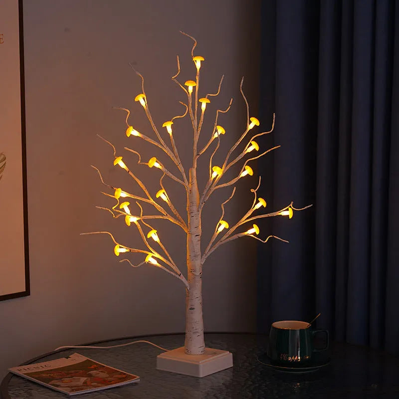 60cm tall birch tree lamp with 24 LED mushroom flowers, warm light illumination, USB and battery power options