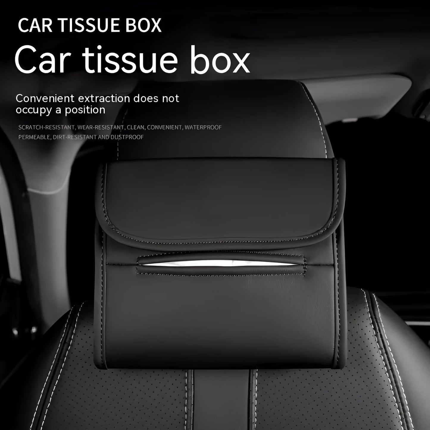 Leather car tissue box holder mounted on vehicle sun visor with elastic band installation