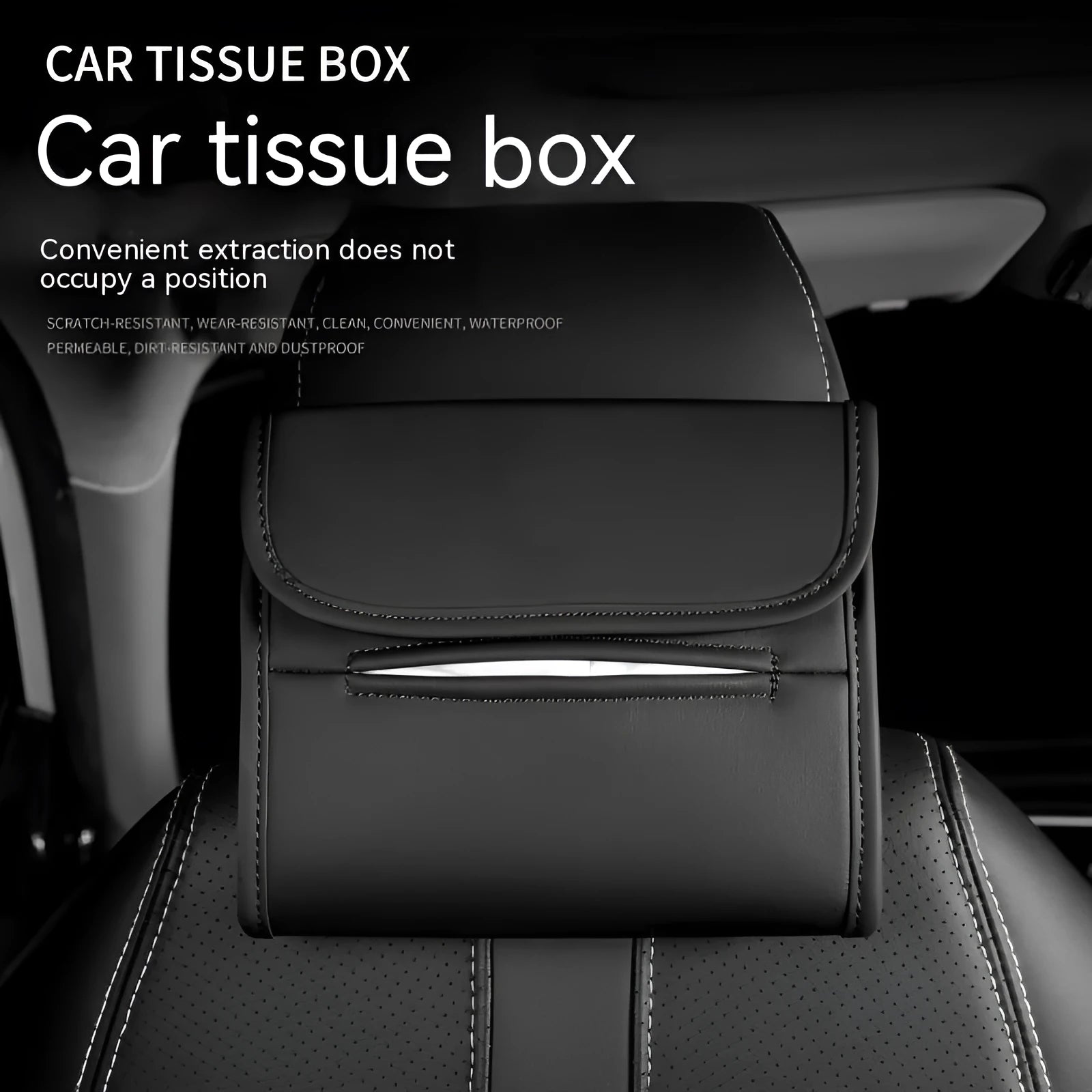Leather car tissue box holder mounted on vehicle sun visor with elastic band installation