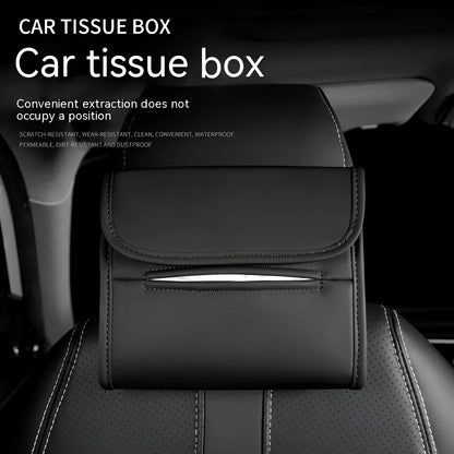 Leather car tissue box holder mounted on vehicle sun visor with elastic band installation