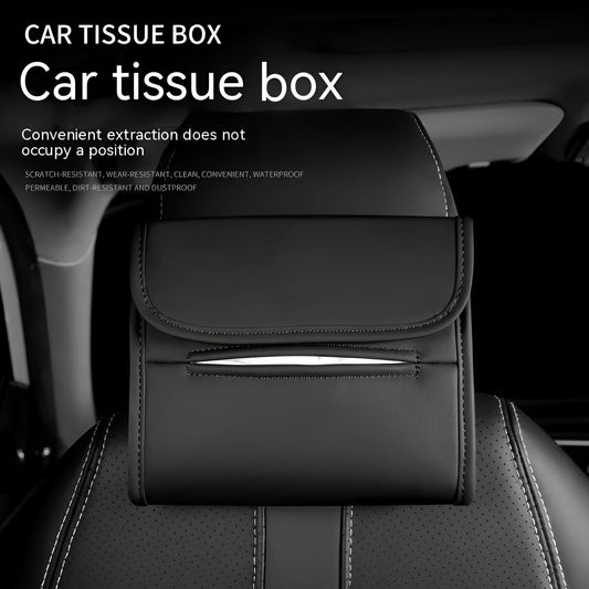 Leather car tissue box holder mounted on vehicle sun visor with elastic band installation