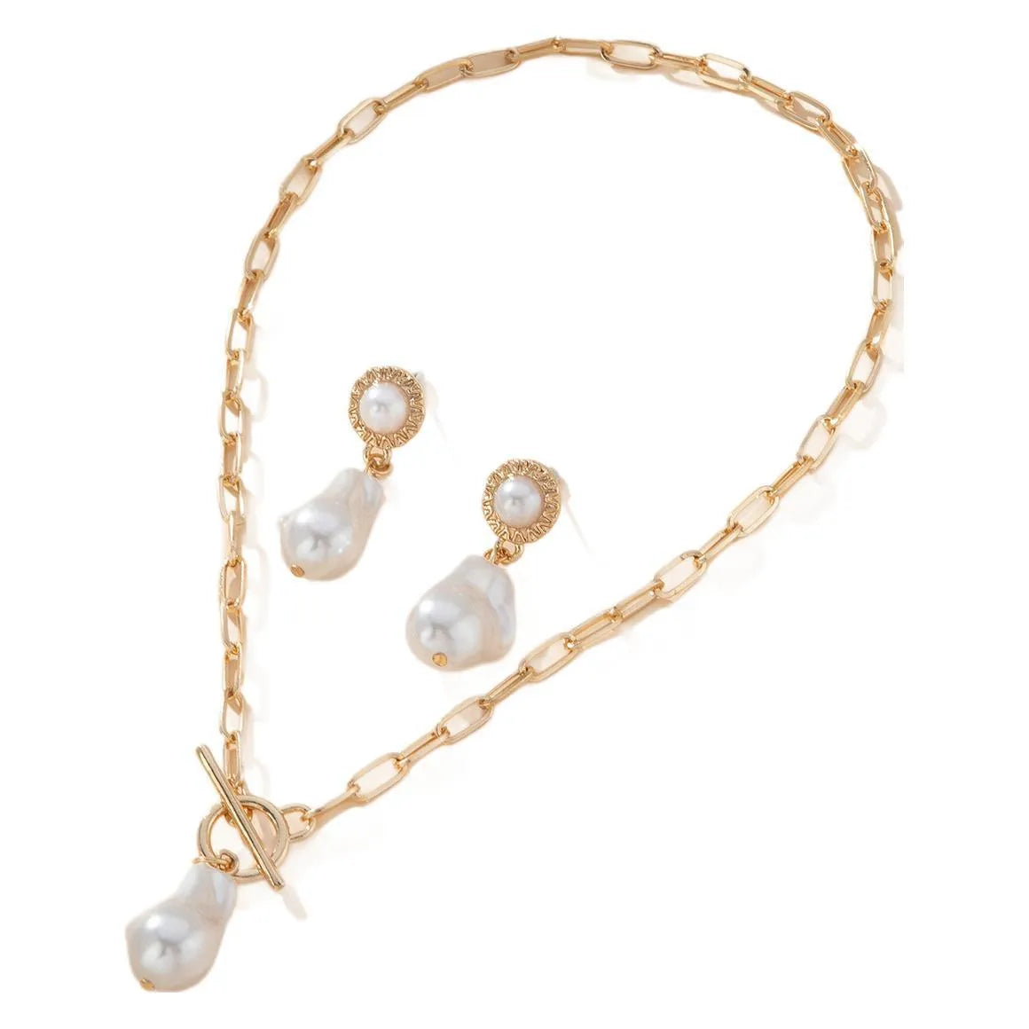 Gold-plated baroque pearl necklace and ear stud set for women with iron construction