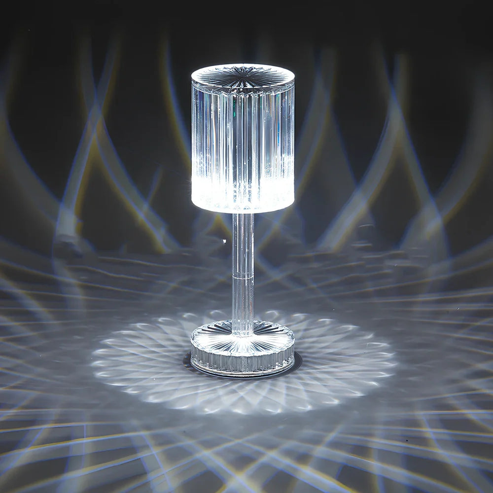 Transparent diamond crystal rechargeable table lamp with three-colour touch switch, ≤36V, for bedroom bedside ambience