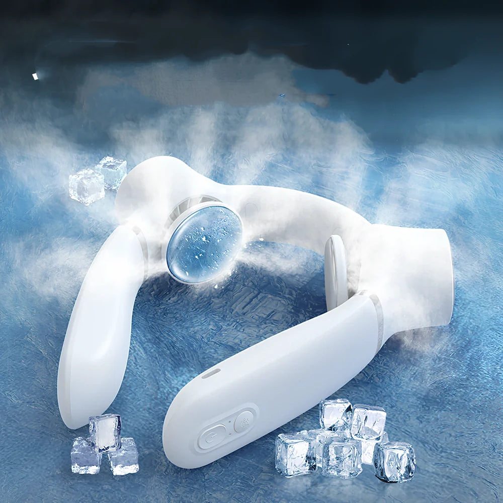 USB rechargeable neck fan with semiconductor cooling in white, dark blue, or light green colours