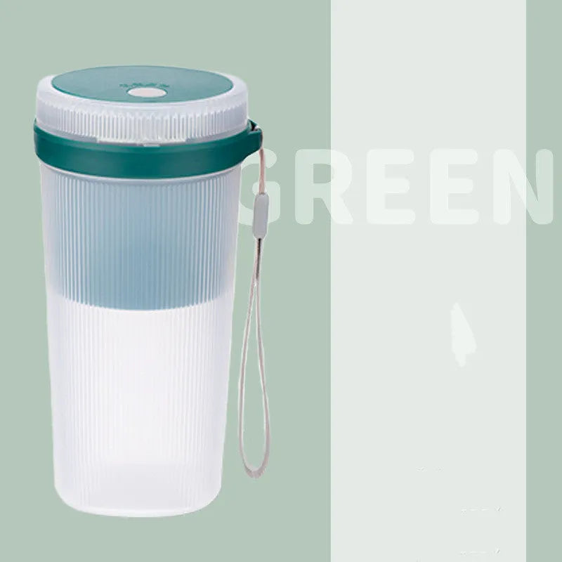 Portable USB rechargeable blender cup in blue, green, or pink with 300ml capacity and detachable blades