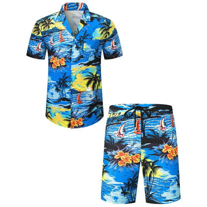 Man wearing a digitally printed short sleeve casual suit set with matching trousers.
