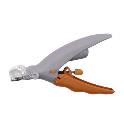 Yellow pet nail trimmer with LED lights, magnifying glass, and comfortable grip for dogs and cats