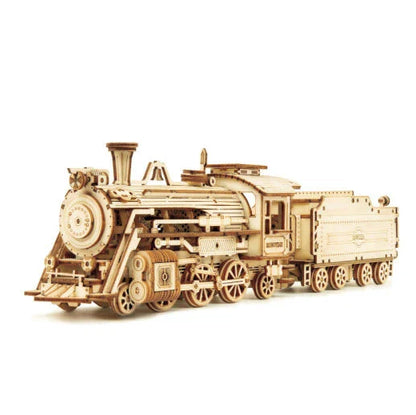 3D wooden train puzzle kit with 308 interlocking pieces for a rewarding DIY building experience