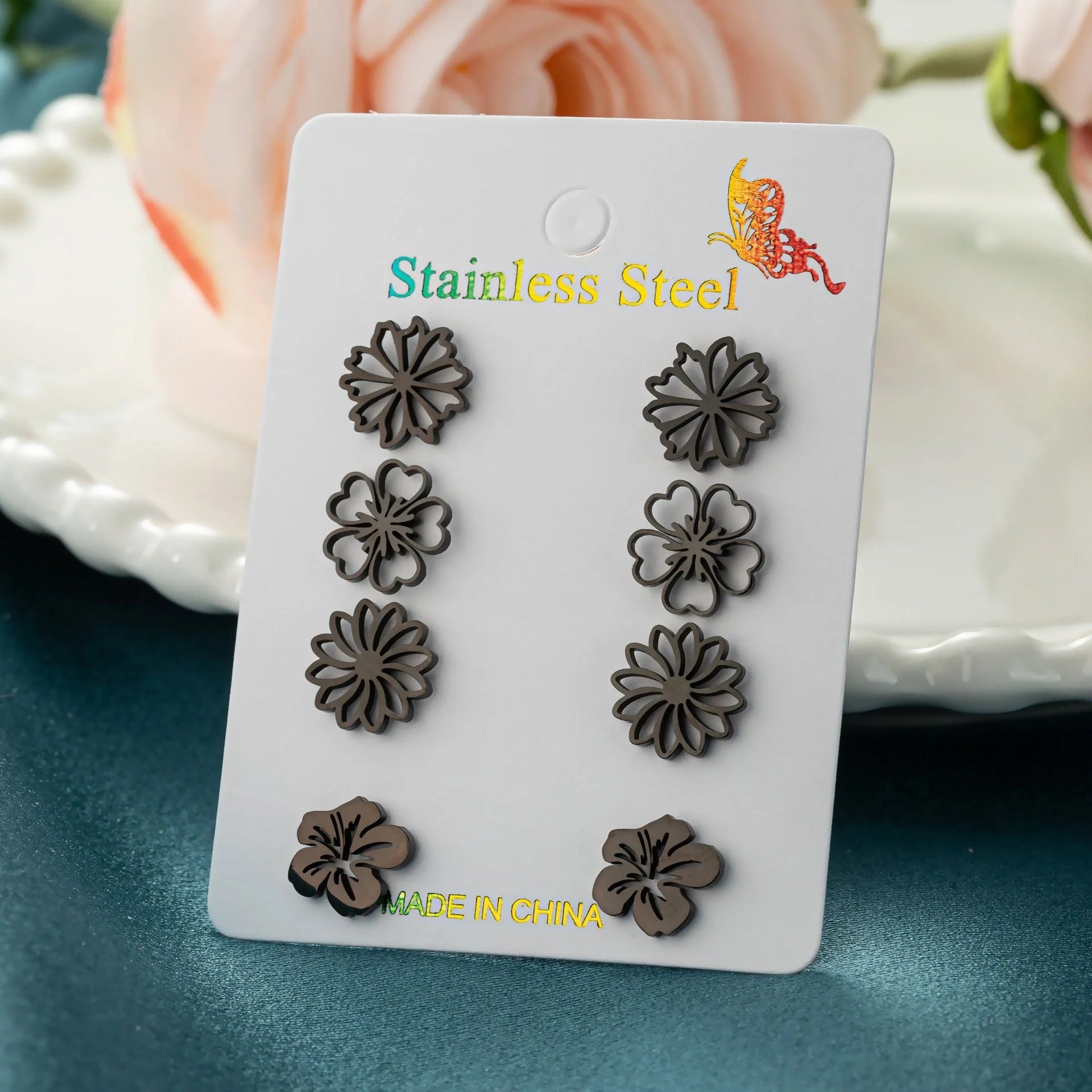 Fashion Simulation Stud Earrings Little Suit in gold, steel, rose gold, and black colors