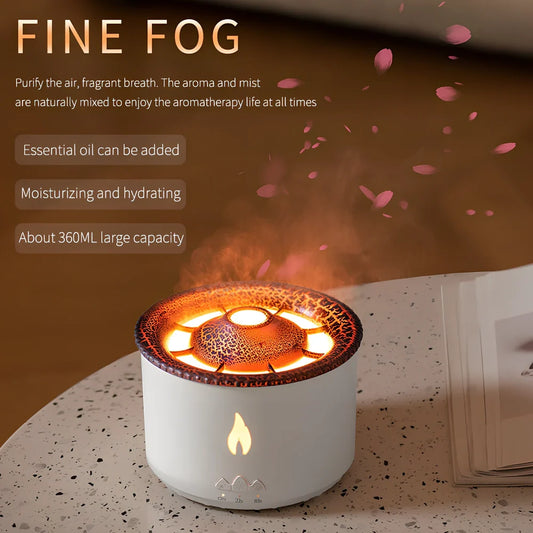 White volcano-shaped humidifier diffuser with flame lighting effect and remote control on wooden surface