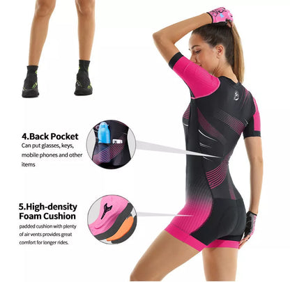 Women's summer cycling one-piece in breathable polyester fabric, available in four colors.