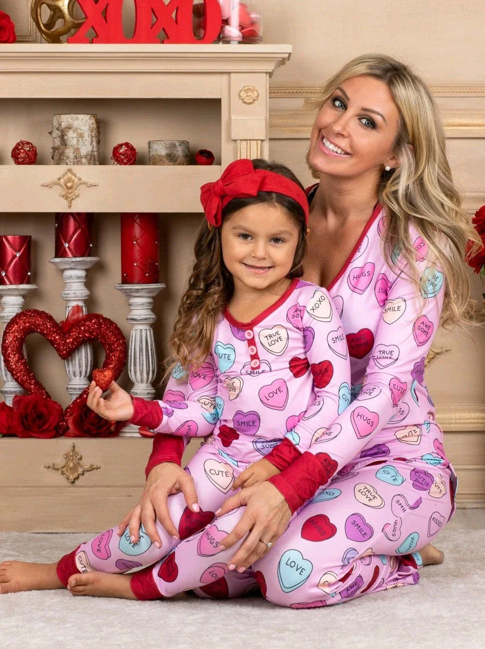 Cozy family matching Valentine's Day pajamas with heart-print design in cotton fabric
