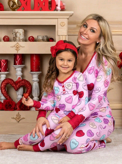 Cozy family matching Valentine's Day pajamas with heart-print design in cotton fabric