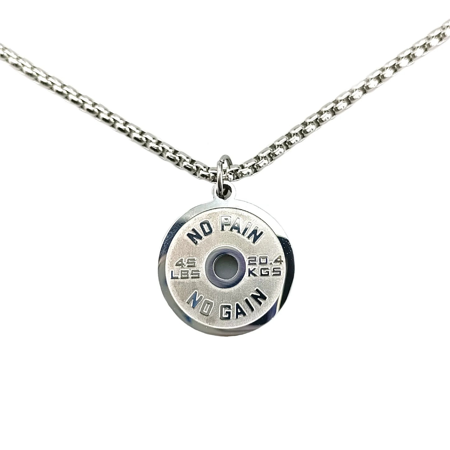 Stainless steel barbell disk geometric pendant necklace with polished finish and chain options