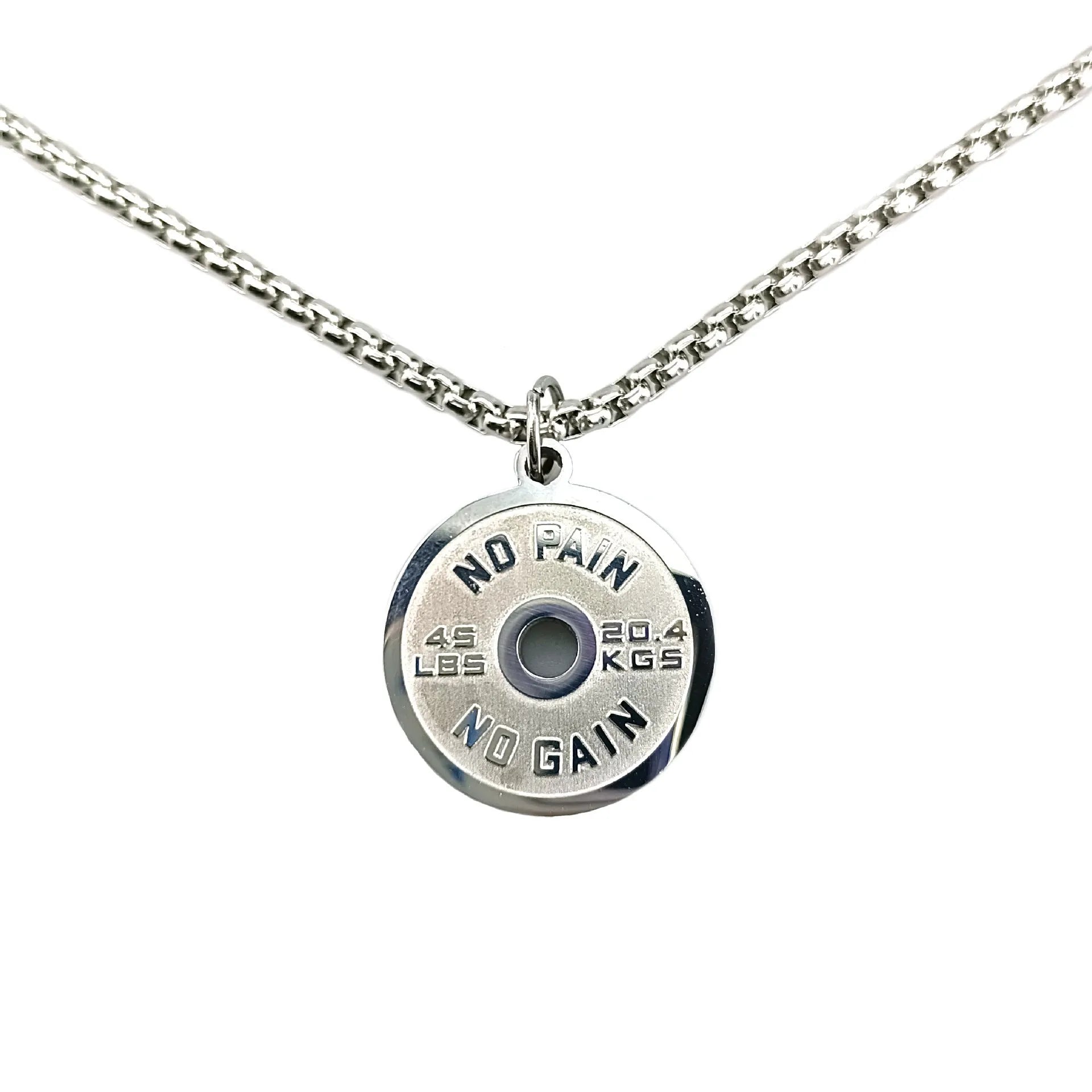 Stainless steel barbell disk geometric pendant necklace with polished finish and chain options