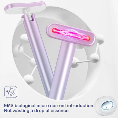 Wand face and neck massager with rotatable 90 degree head, EMS micro-current, vibration and LED red light