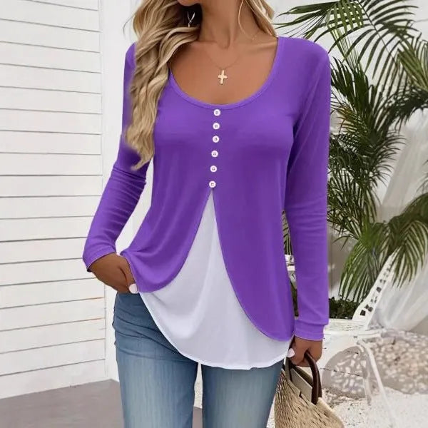Women's two-piece long-sleeved T-shirt set in contrast colour, slim fit, available in black pink violet light gray