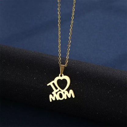 Stainless steel I Love Mom heart pendant necklace and earrings set in gold