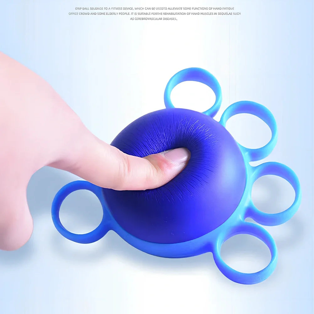 Blue four-finger grip training ball showing 10x9cm spherical design with silicone sleeve