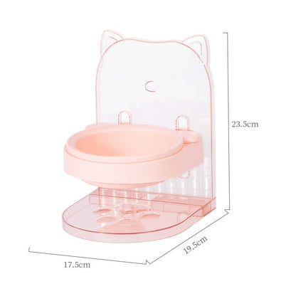 Grey adjustable height cat feeding bowl with removable cat ears and anti-spill barrier