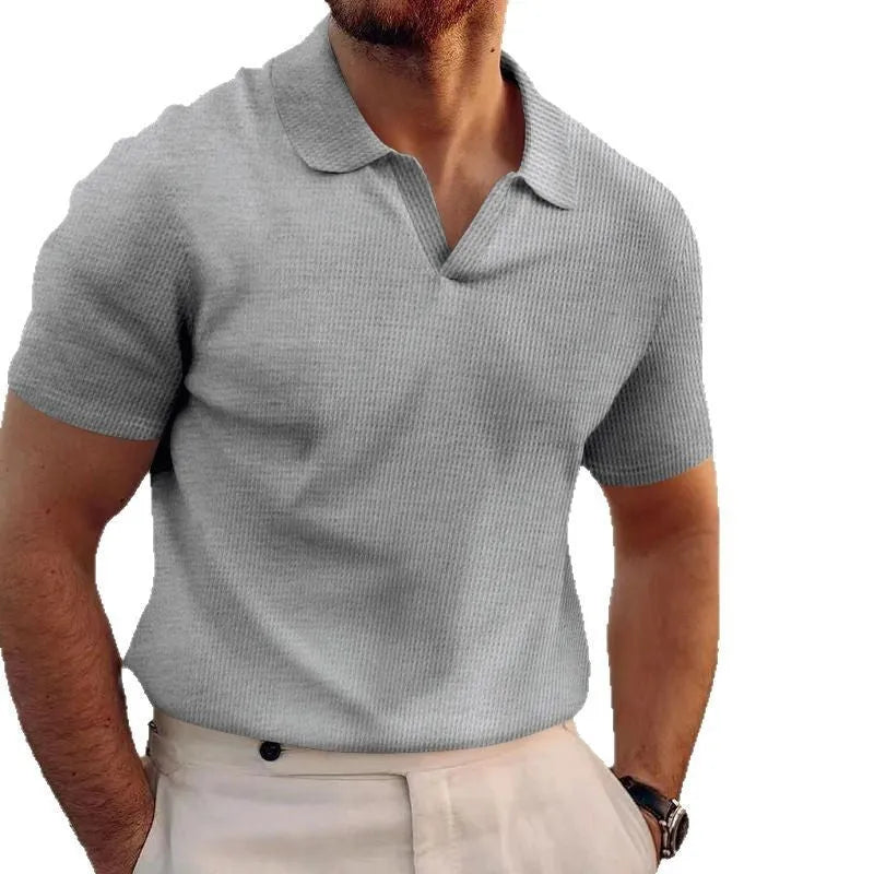 Men's lapel collar waffle knit T-shirt in slim fit, shown in a solid colour.