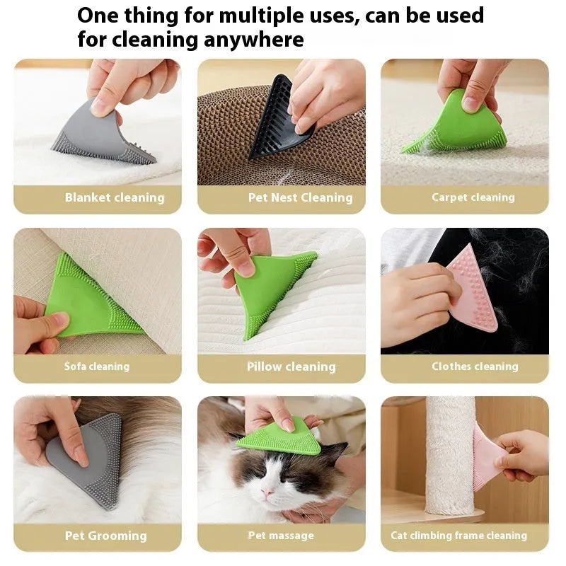 Pet hair scraper cat comb brush for de-shedding and clothing hair removal, made from flexible PTE plastic with bristle massage function, available in four colours: Xuan black, high-grade grey, avocado green, and cherry blossom pink.