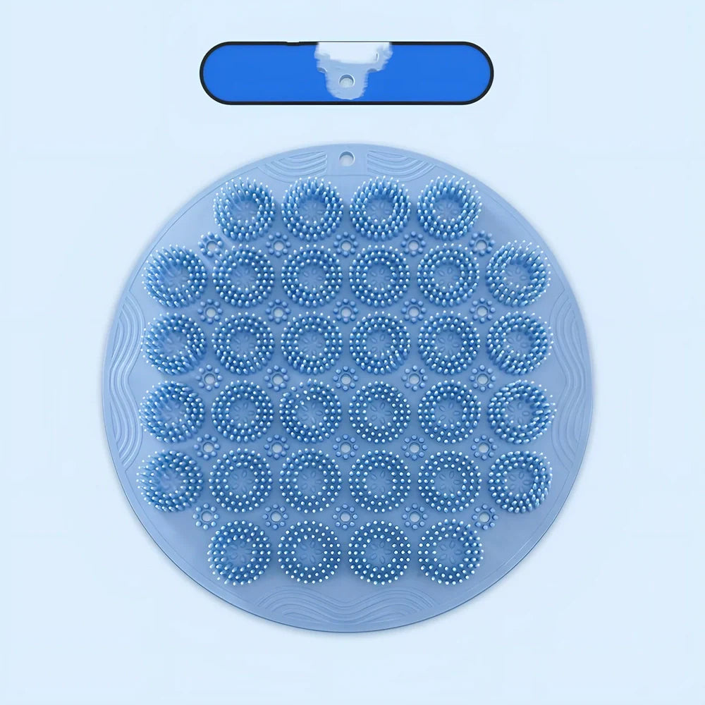 Sky blue silicone back bath brush with suction cups measuring 30x30cm
