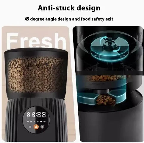 Black intelligent pet feeder with transparent food container showing kibble, digital display, and USB power cable