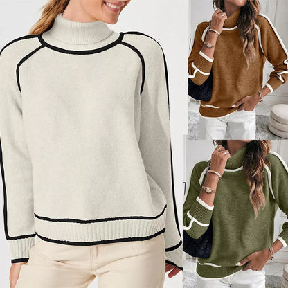 Women's solid color high-neck knit top for autumn and winter in khaki, green, and brown