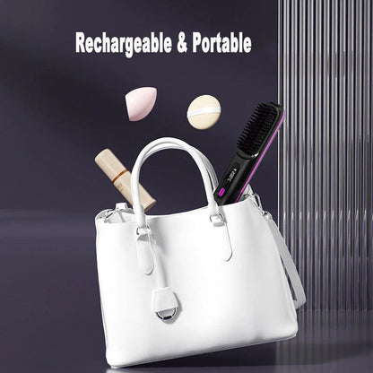 Wireless Hair Straightener Brush with fast heating, portable design, and USB charging