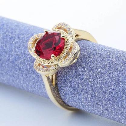 Copper ring with zircon inlay showing fruit-shaped design and electroplated finish in colour 10-6-1395