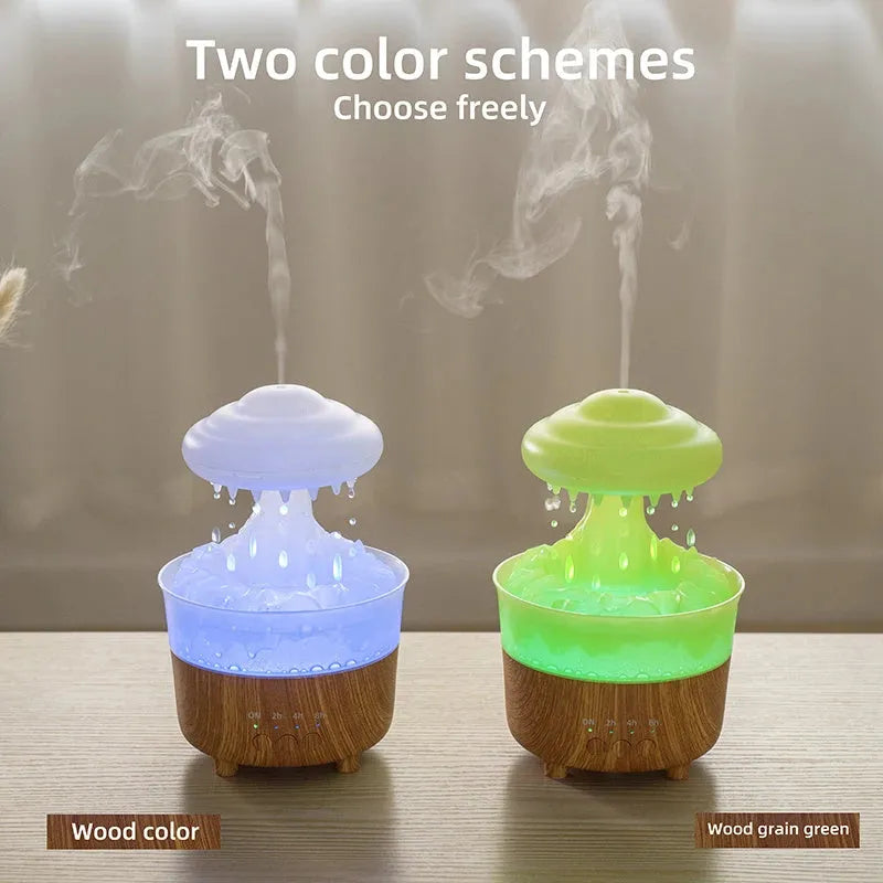 Wood grain cloud-shaped humidifier diffuser with coloured night light and water droplets