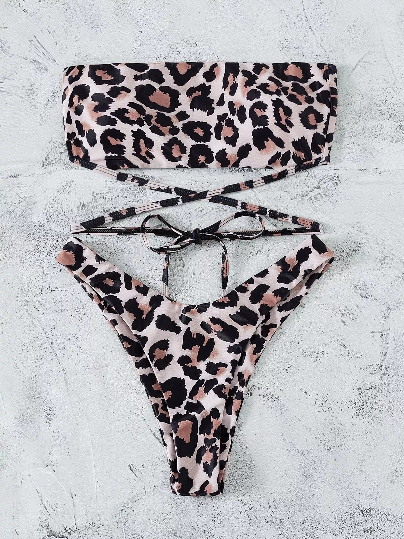 Leopard print bikini bandeau split swimsuit with optional steel support
