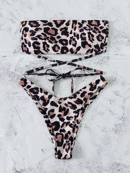 Leopard print bikini bandeau split swimsuit with optional steel support