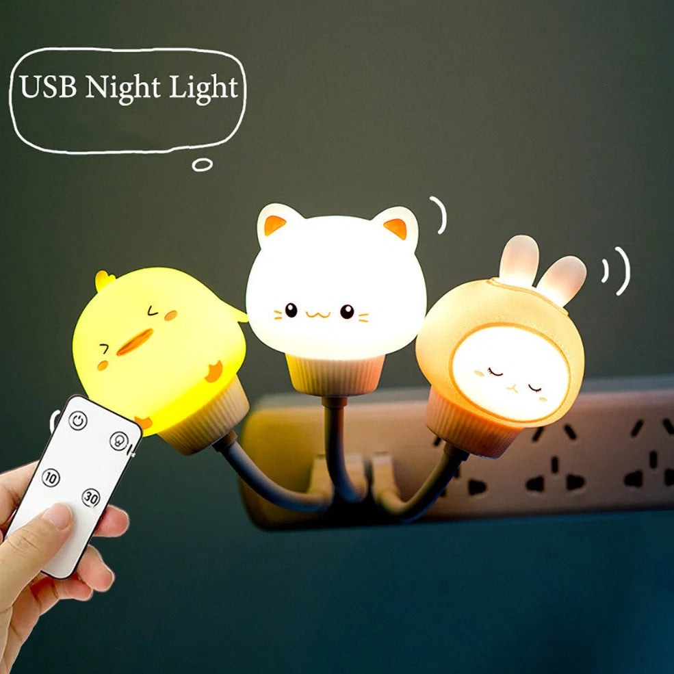 USB portable LED night light with cartoon animal design showing three brightness levels and remote control