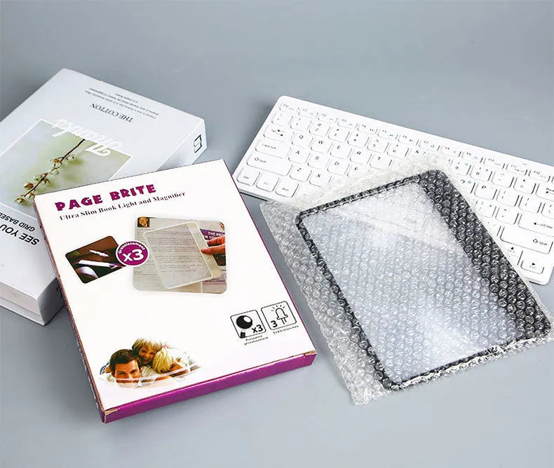 180x140mm magnifying glass with LED reading light showing 3x magnification and desktop/handheld design