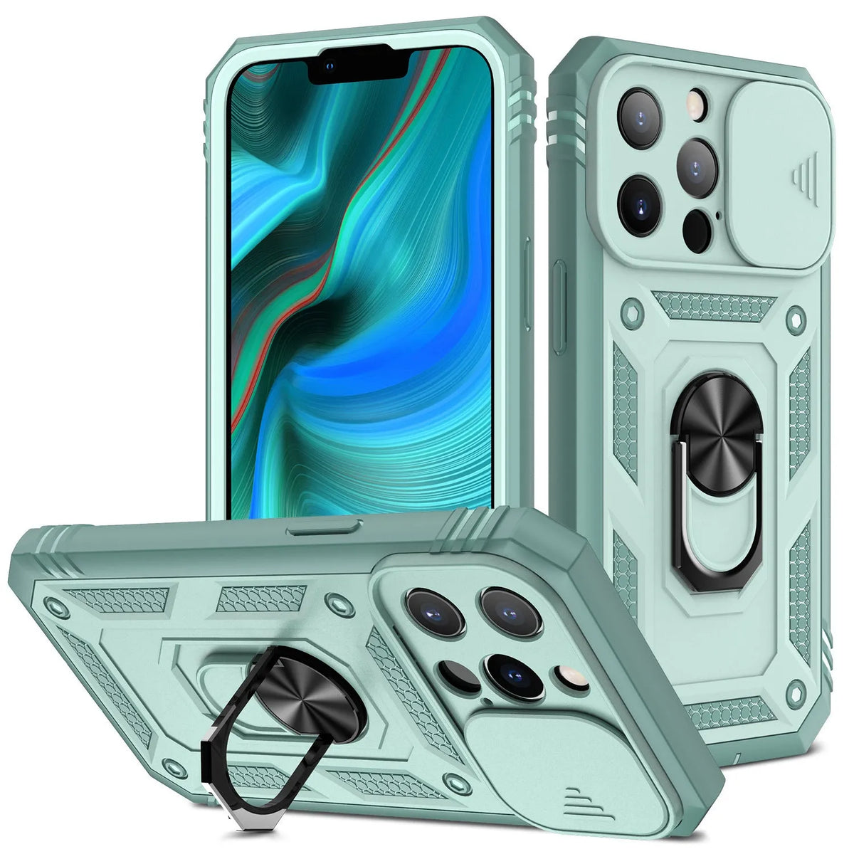 Magnetic iPhone case with sliding window bracket in sapphire blue colour showing adjustable viewing angle