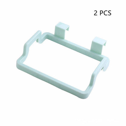 Eco-friendly over-the-door trash bag holder in various colors for organized kitchen storage