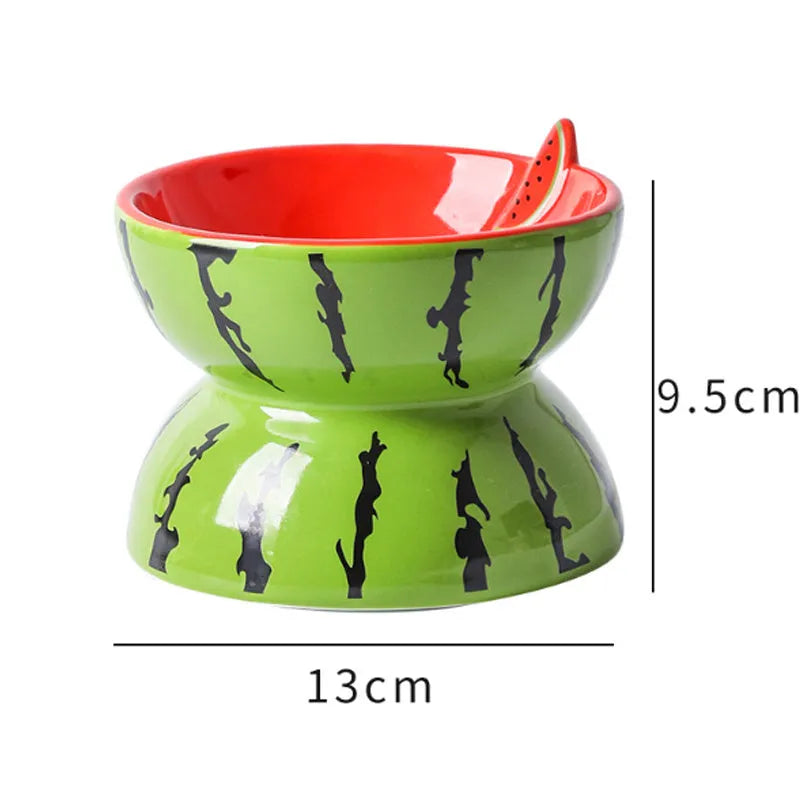 Ceramic raised cat bowl with tilted design in fruit pattern colours