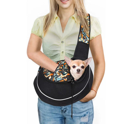 A stylish and secure crossbody bag designed to carry pets comfortably on the go, featuring adjustable drawstring closure and bottom zipper for easy access.