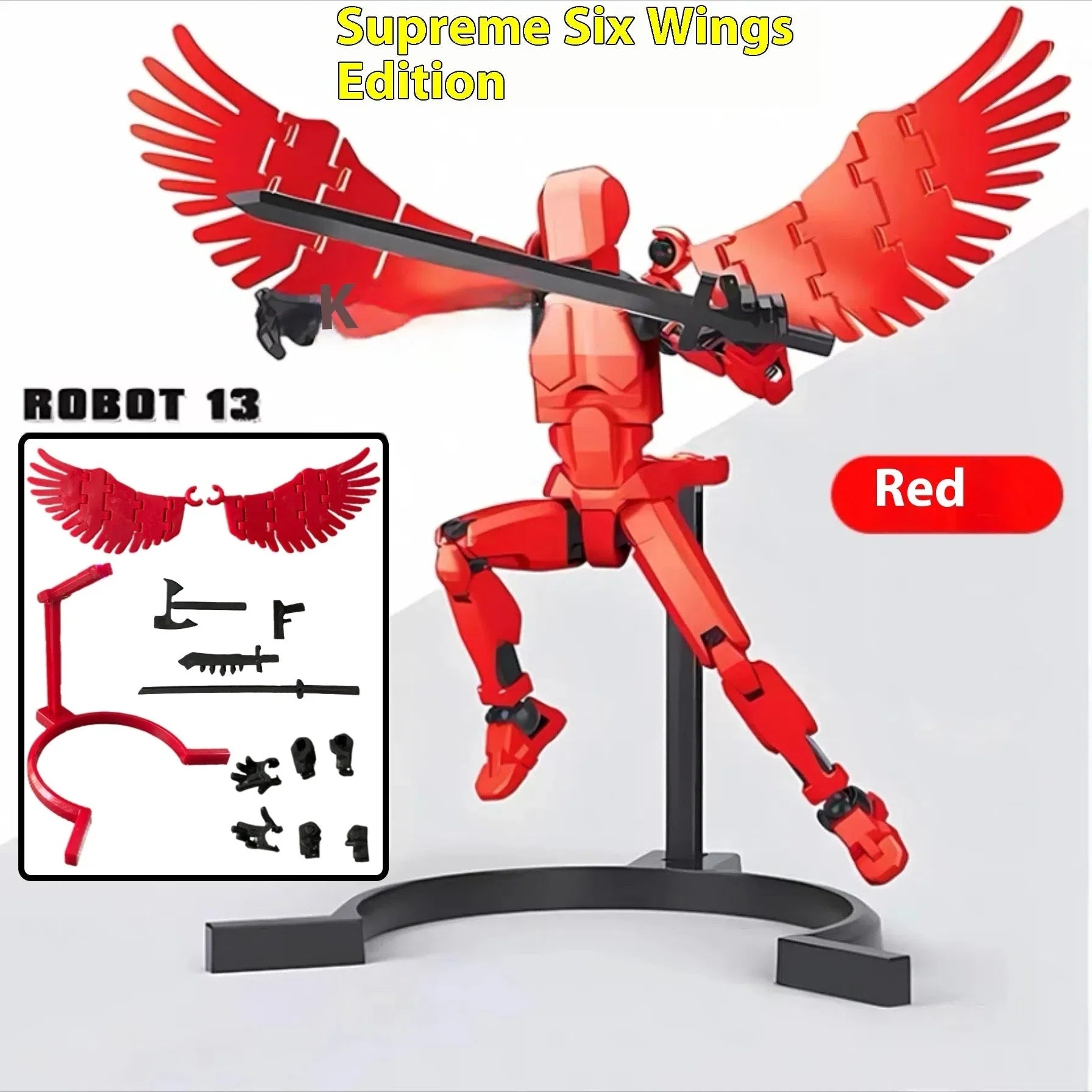 Highly posable 3D printed robot mannequin toy with interchangeable accessories, including wings and weapons